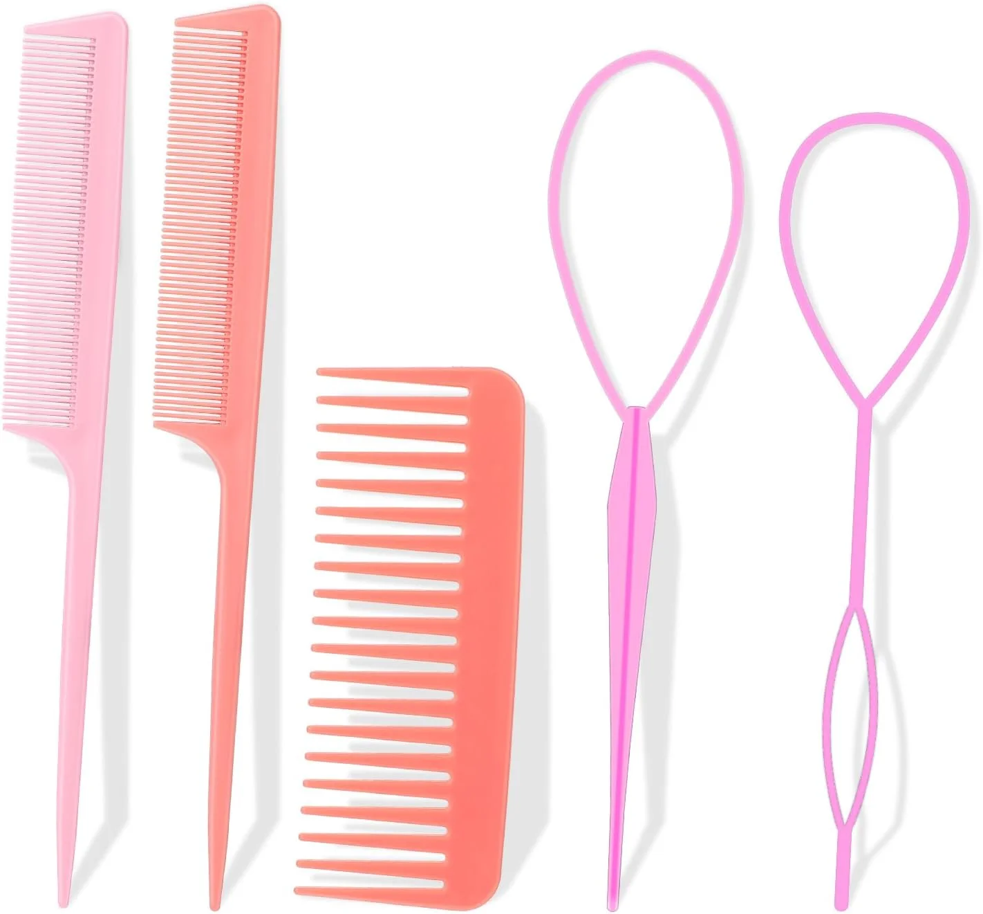 مجموعه شانه AHQiZFX، شامل 1 شانه دم باریک جداکننده، 1 شانه دم باریک حالت دهنده، 1 شانه دندانه پهن، 2 کش مو بافت برای زنان و مردان، مناسب برای انتخاب و حالت دادن به انواع مو (صورتی، صورتی گل رز)