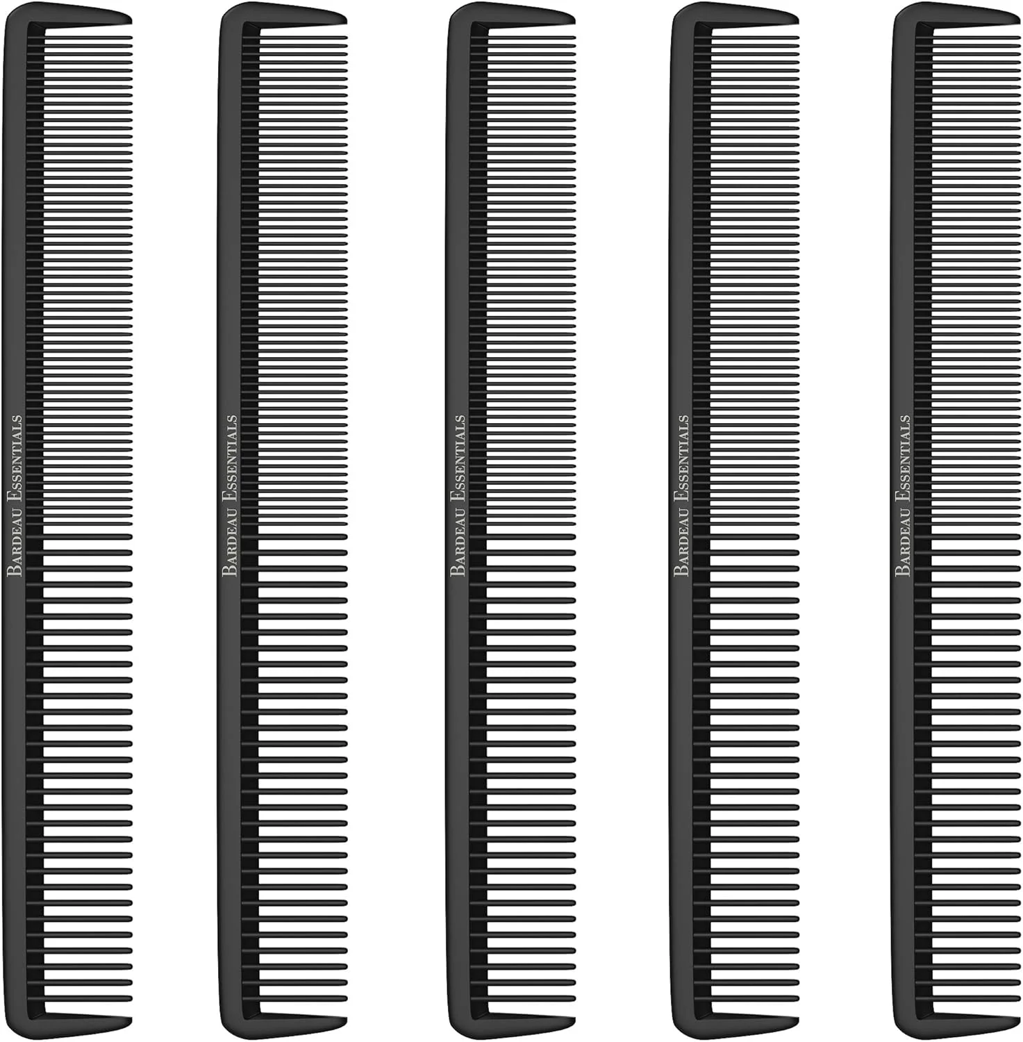 شانه آرایشگری باردو اسنشیالز (بسته 5 عددی) - شانه موی حرفه ای 22 سانتی متری فیبر کربن مشکی ضد الکتریسیته ساکن مقاوم در برابر مواد شیمیایی و حرارت برای انواع مو مردانه و زنانه