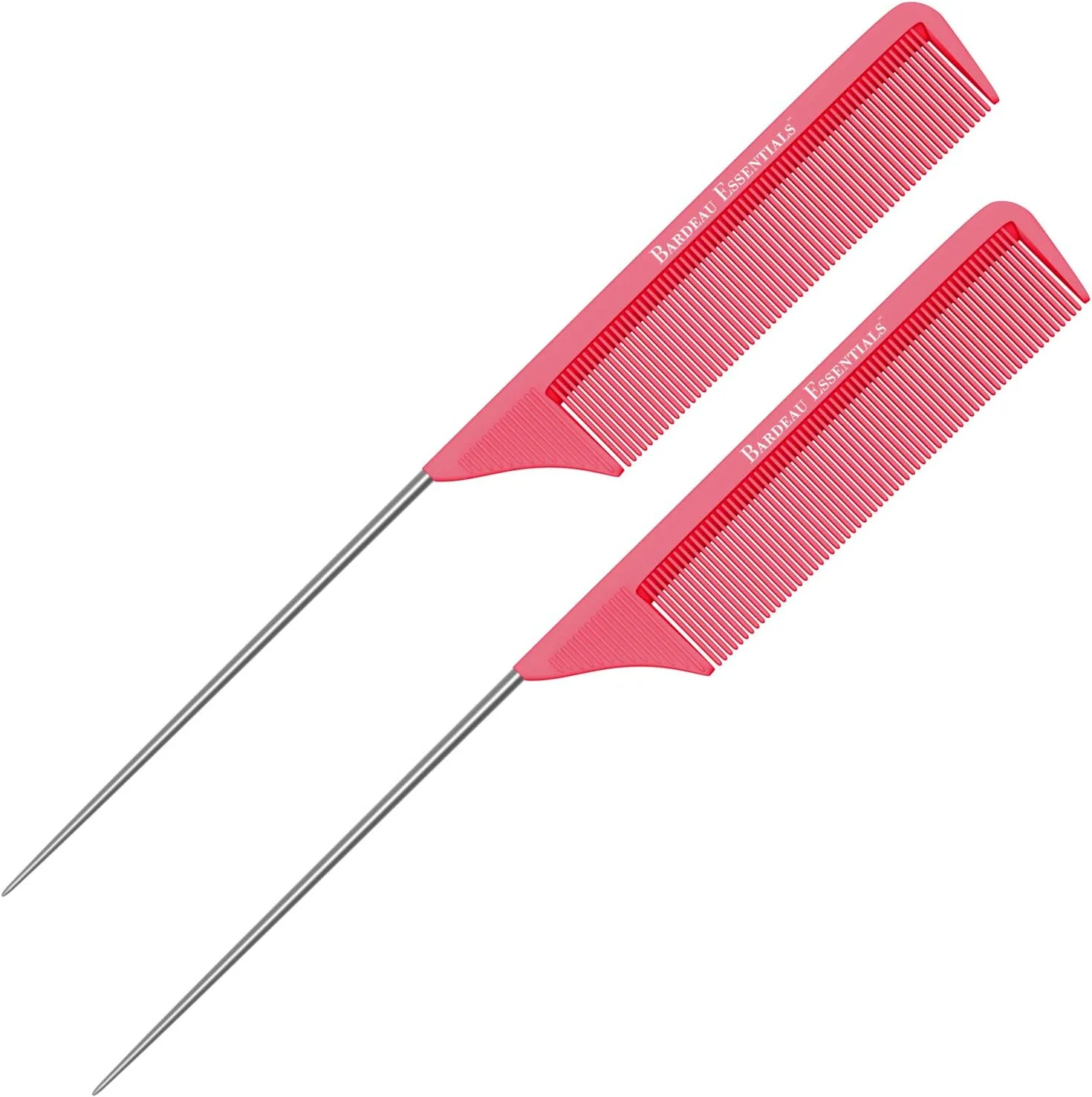 شانه دم باریک فلزی صورتی Bardeau Essentials، 2 عددی، 8.8 اینچی | فیبر کربن و دم فلزی استیل ضد زنگ | سبک وزن | شانه های حالت دهنده دم موشی برای انواع مو | ست شانه پوش دهنده دندانه ریز