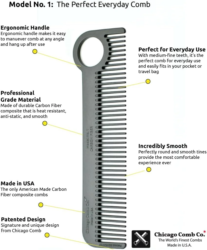 شانه مدل 1 شیکاگو کامب، فیبر کربنی، جیبی و مسافرتی، ضد الکتریسیته ساکن، 14 سانتی متر، ساخت ایالات متحده آمریکا شانه مدل 1 شیکاگو کامب، فیبر کربنی، جیبی و مسافرتی، ضد الکتریسیته ساکن، 14 سانتی متر، ساخت ایالات متحده آمریکا