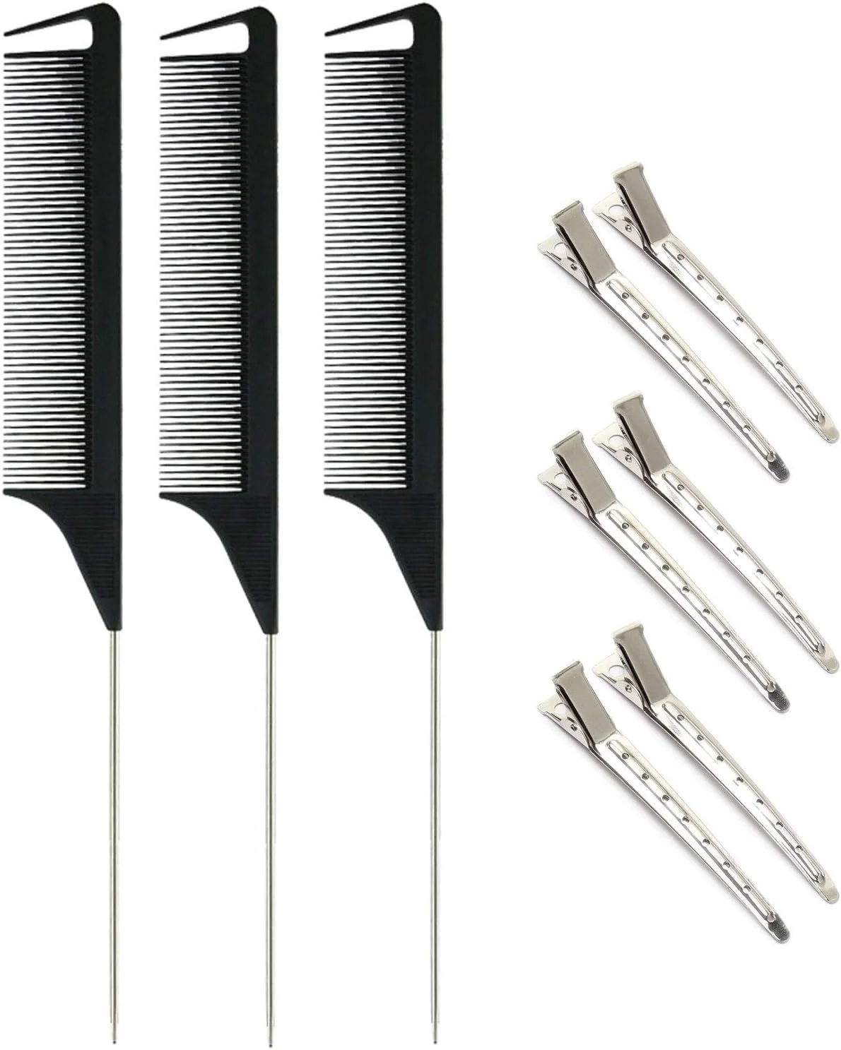 شانه دم موشی کربنی FRUTA، 3 عدد شانه جداکننده، شانه پوش دهنده مقاوم در برابر حرارت، شانه دم باریک فولادی و 6 عدد گیره فر کننده فلزی سوسماری، گیره نوک اردکی برای حالت دادن به مو در خانه و سالن، مشکی شانه دم موشی کربنی FRUTA، 3 عدد شانه جداکننده، شانه پوش دهنده مقاوم در برابر حرارت، شانه دم باریک فولادی و 6 عدد گیره فر کننده فلزی سوسماری، گیره نوک اردکی برای حالت دادن به مو در خانه و سالن، مشکی