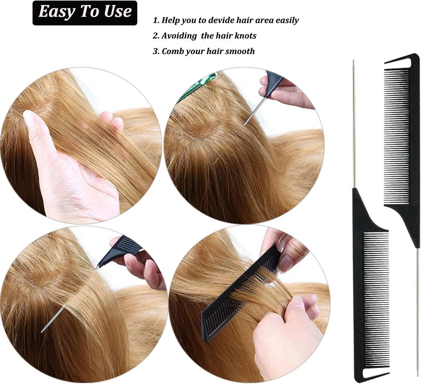 شانه دم موشی کربنی FRUTA، 3 عدد شانه جداکننده، شانه پوش دهنده مقاوم در برابر حرارت، شانه دم باریک فولادی و 6 عدد گیره فر کننده فلزی سوسماری، گیره نوک اردکی برای حالت دادن به مو در خانه و سالن، مشکی شانه دم موشی کربنی FRUTA، 3 عدد شانه جداکننده، شانه پوش دهنده مقاوم در برابر حرارت، شانه دم باریک فولادی و 6 عدد گیره فر کننده فلزی سوسماری، گیره نوک اردکی برای حالت دادن به مو در خانه و سالن، مشکی