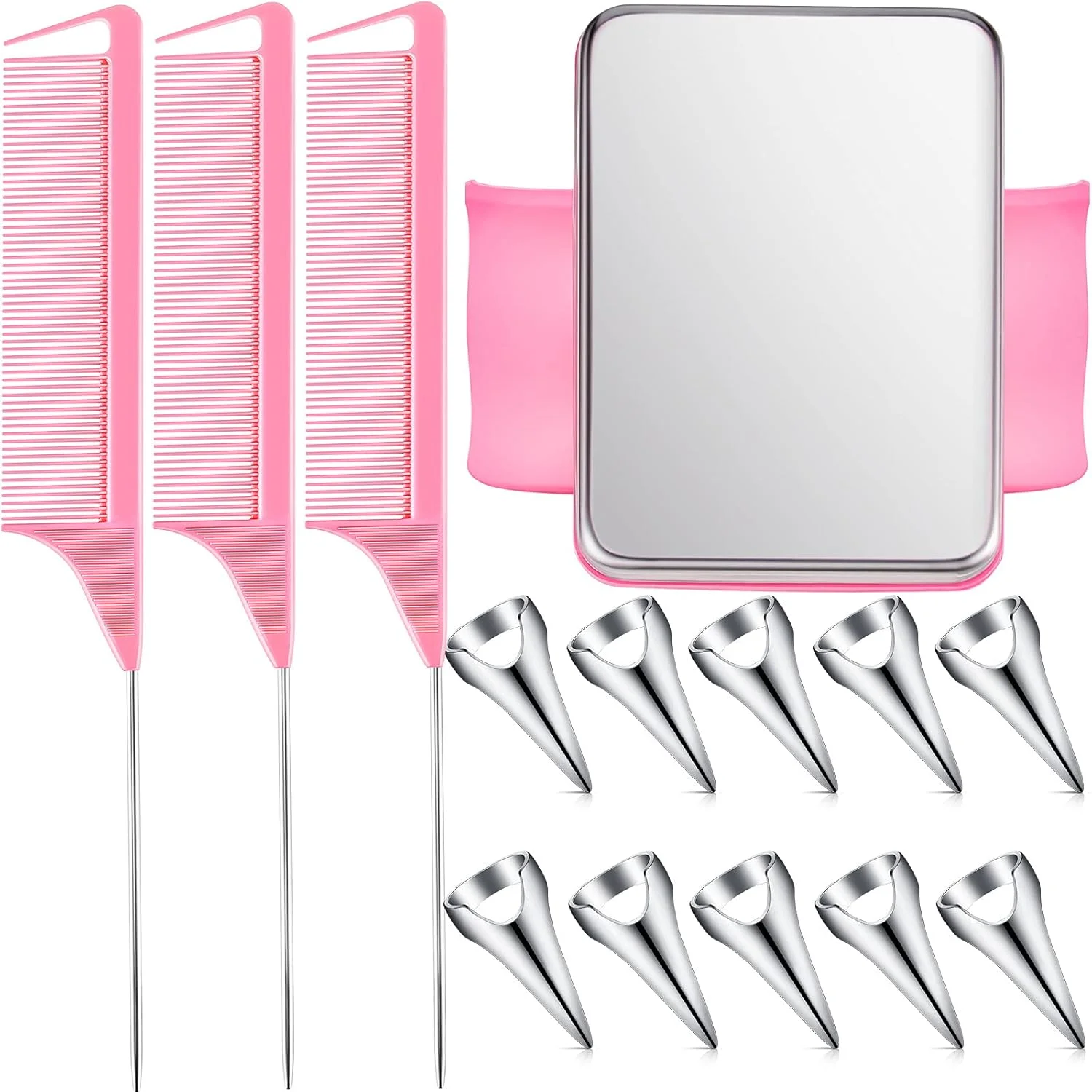 ست ۱۰ عددی حلقه جداکننده مو و ۳ عدد شانه دم موشی فلزی با مچ بند مغناطیسی، ابزار جداکننده و انتخاب مو با نگهدارنده پین مغناطیسی مچی، ست سالن برای بافت، انتخاب و فر کردن (صورتی) ست ۱۰ عددی حلقه جداکننده مو و ۳ عدد شانه دم موشی فلزی با مچ بند مغناطیسی، ابزار جداکننده و انتخاب مو با نگهدارنده پین مغناطیسی مچی، ست سالن برای بافت، انتخاب و فر کردن (صورتی)