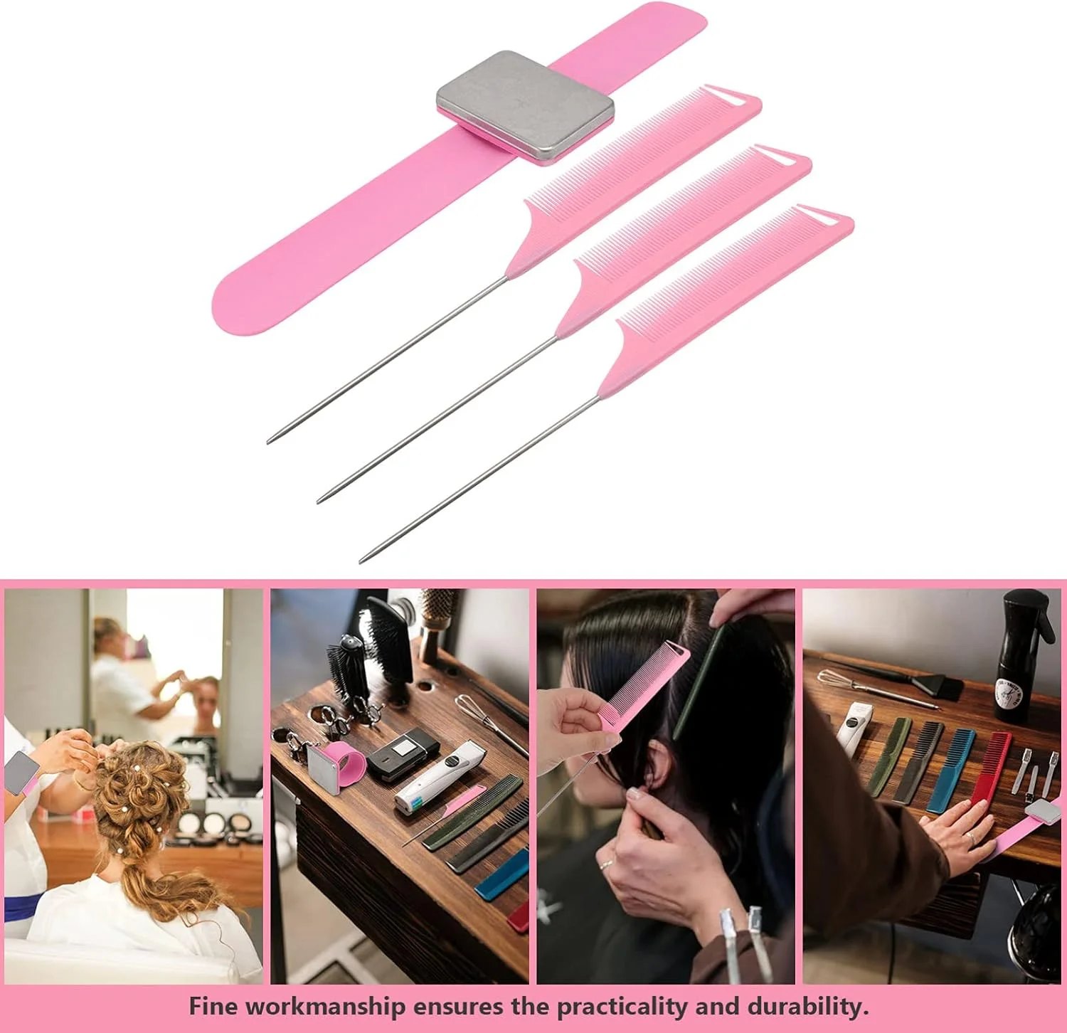 یک ست شانه دم موشی، مچ بند مغناطیسی سوزن ته گرد خیاطی، شانه آرایشگری، شانه های حالت دهنده مو، لوازم جانبی برای ابزار برش موی سالن، صورتی یک ست شانه دم موشی، مچ بند مغناطیسی سوزن ته گرد خیاطی، شانه آرایشگری، شانه های حالت دهنده مو، لوازم جانبی برای ابزار برش موی سالن، صورتی