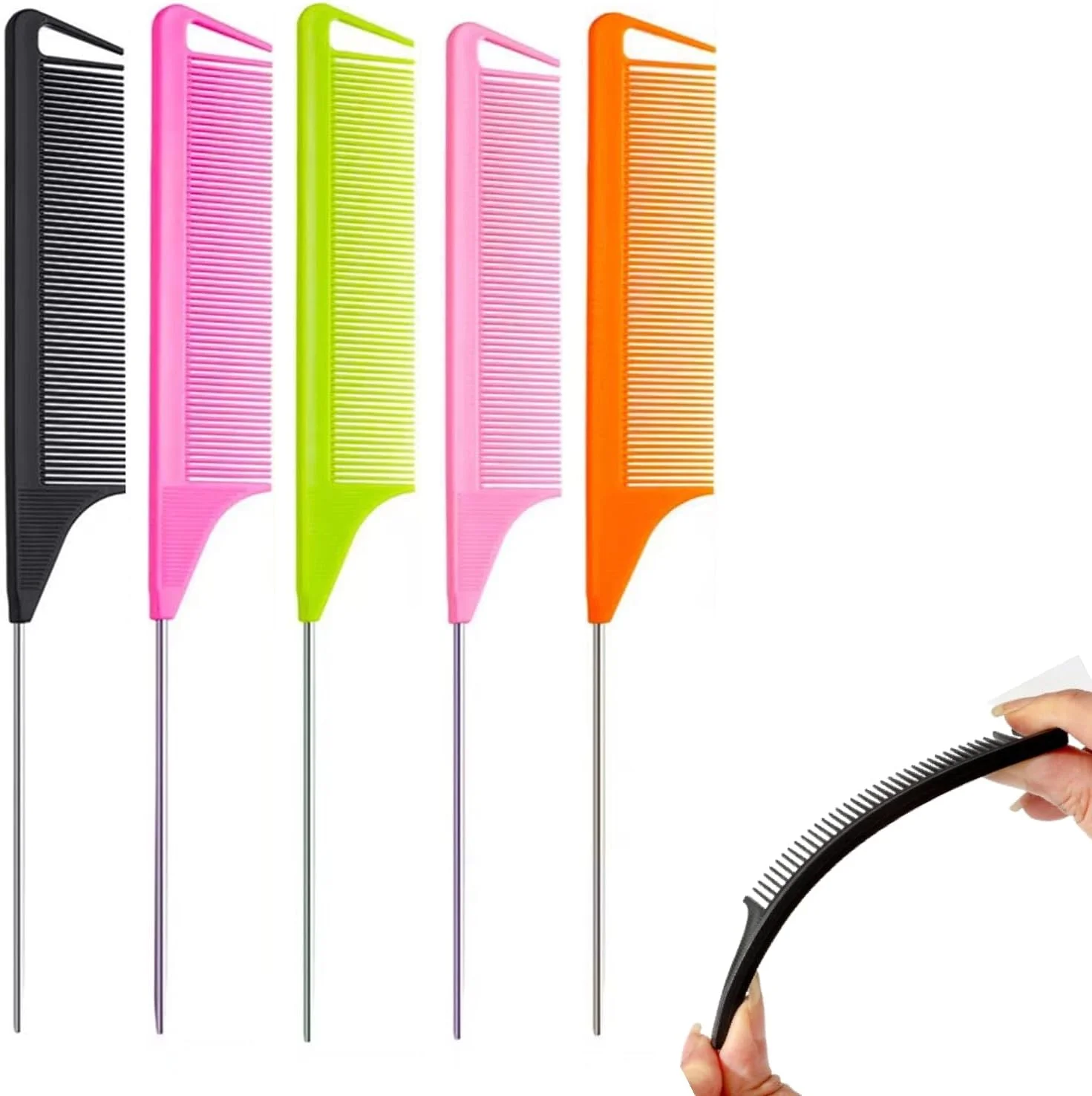 ست 5 عددی شانه دم باریک ضد الکتریسیته ساکن - شانههای دم موشی فیبر کربنی مقاوم در برابر حرارت با دم فلزی برای جدا کردن، کوتاه کردن و پوش دادن مو، کیفیت سالنی برای زنان و مردان، 5 رنگ ست 5 عددی شانه دم باریک ضد الکتریسیته ساکن - شانههای دم موشی فیبر کربنی مقاوم در برابر حرارت با دم فلزی برای جدا کردن، کوتاه کردن و پوش دادن مو، کیفیت سالنی برای زنان و مردان، 5 رنگ