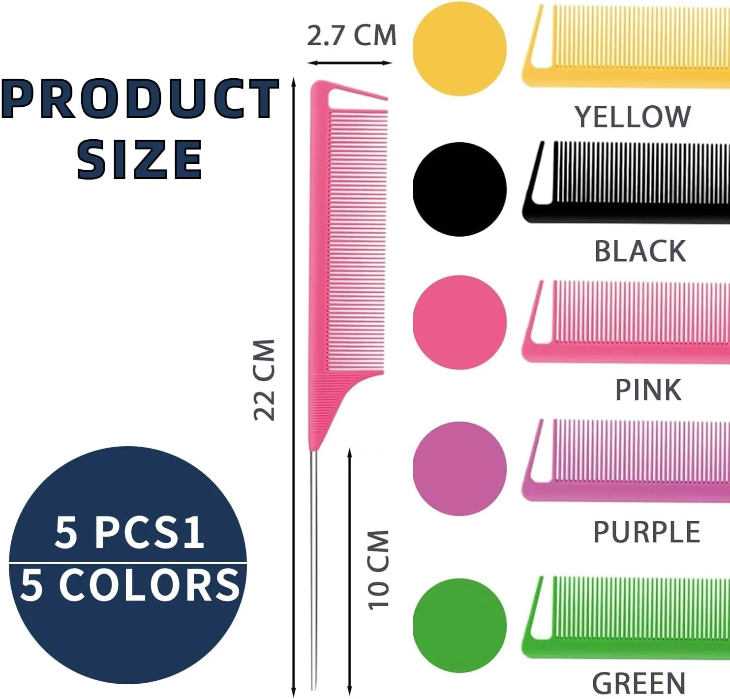 ست 5 عددی شانه دم باریک ضد الکتریسیته ساکن - شانه‌های دم موشی فیبر کربنی مقاوم در برابر حرارت با دم فلزی برای جدا کردن، کوتاه کردن و پوش دادن مو، کیفیت سالنی برای زنان و مردان، 5 رنگ