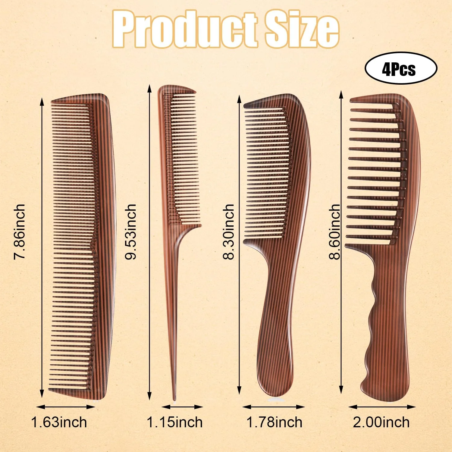 مجموعه شانه مو طرح چوب 4 عددی، شانه‌های حالت دهنده حرفه‌ای مو برای مردان، شانه‌های باز کننده گره، شانه دم موشی، مناسب موهای فر، مقاوم در برابر حرارت، ضد الکتریسیته ساکن، باز کننده گره (مشکی)