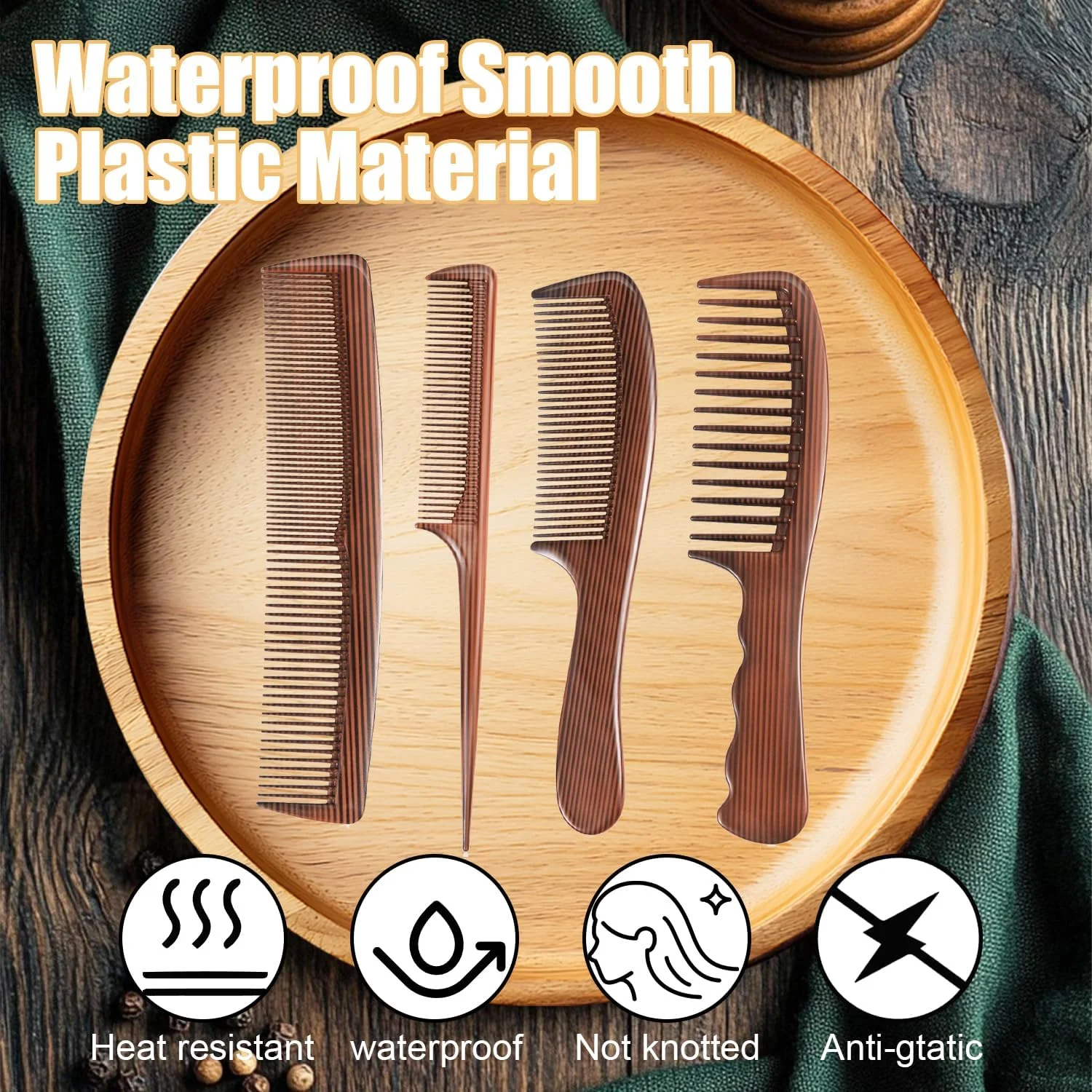 مجموعه شانه مو طرح چوب 4 عددی، شانه‌های حالت دهنده حرفه‌ای مو برای مردان، شانه‌های باز کننده گره، شانه دم موشی، مناسب موهای فر، مقاوم در برابر حرارت، ضد الکتریسیته ساکن، باز کننده گره (مشکی)