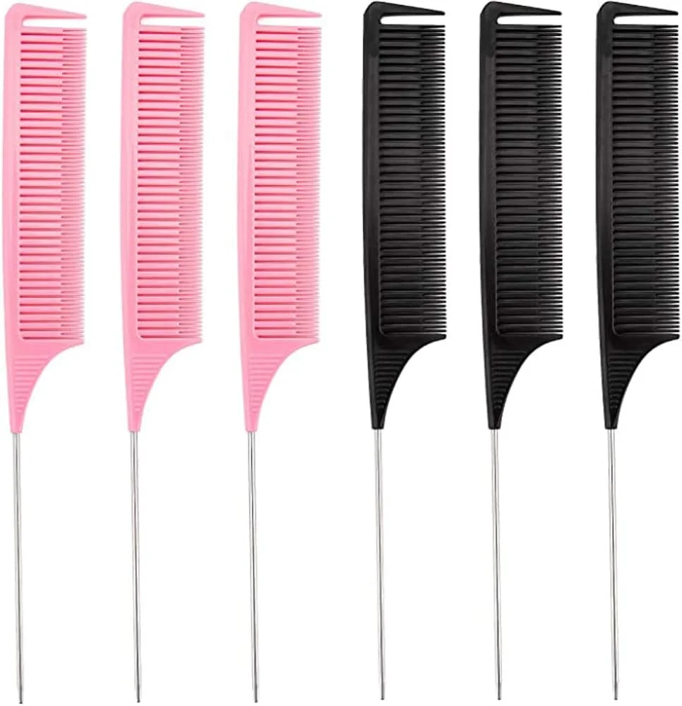 ست 6 عددی شانه دم موشی، شانه دندانه ریز برای بافت مو، حالت دادن مو در خانه و سالن، شانه پوش دهنده مو با دم فلزی (صورتی و مشکی) ست 6 عددی شانه دم موشی، شانه دندانه ریز برای بافت مو، حالت دادن مو در خانه و سالن، شانه پوش دهنده مو با دم فلزی (صورتی و مشکی)