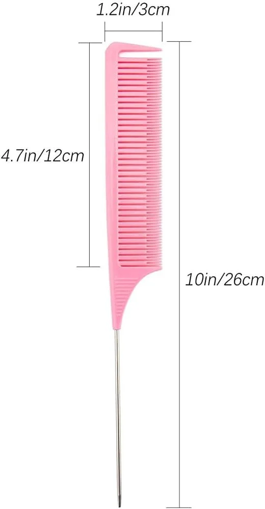 ست 6 عددی شانه دم موشی، شانه دندانه ریز برای بافت مو، حالت دادن مو در خانه و سالن، شانه پوش دهنده مو با دم فلزی (صورتی و مشکی)
