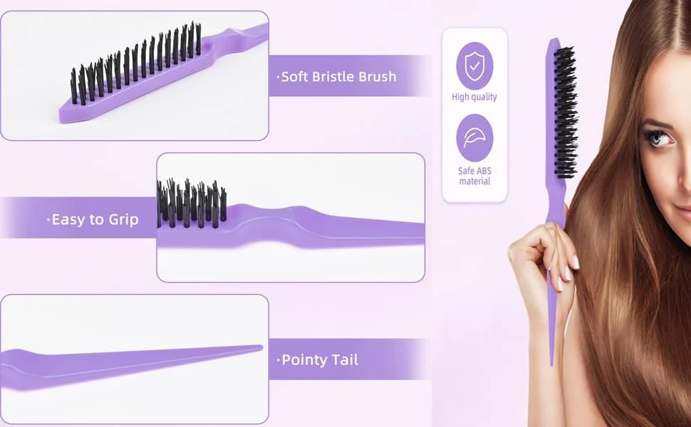 ست شانه مو 6 تکه، بطری اسپری مداوم 200 میلی لیتری، شانه دم موشی برای حالت دادن، شانه زدن، بافتن و صاف کردن مو برای زنان (بنفش)