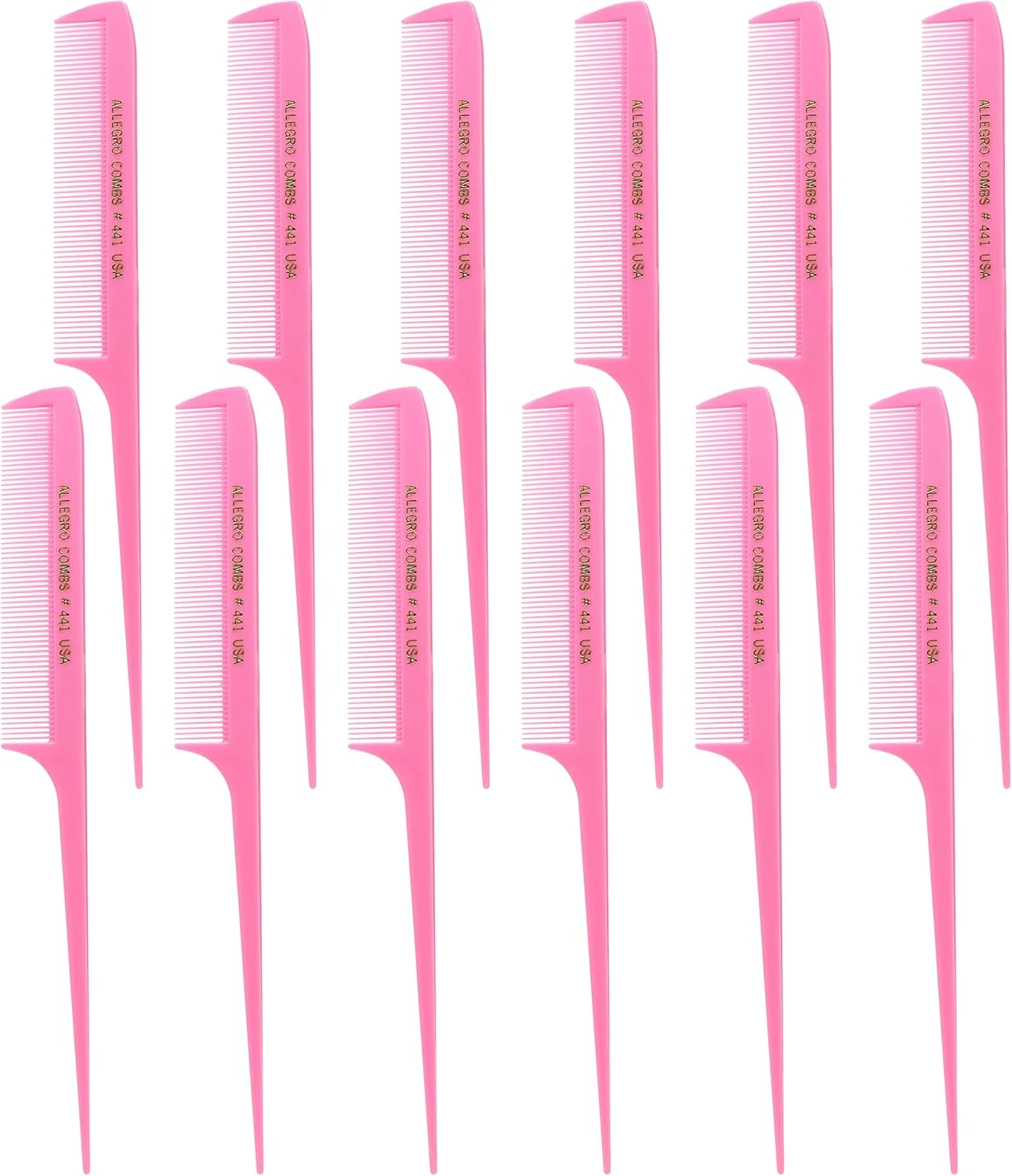 شانه دم موشی آلگرو مدل 441، 8.5 اینچ. شانه دم باریک با دندانه های ظریف برای بافتن، جدا کردن و حالت دادن به مو، ساخت آمریکا. یک بسته 12 عددی (صورتی تیره)