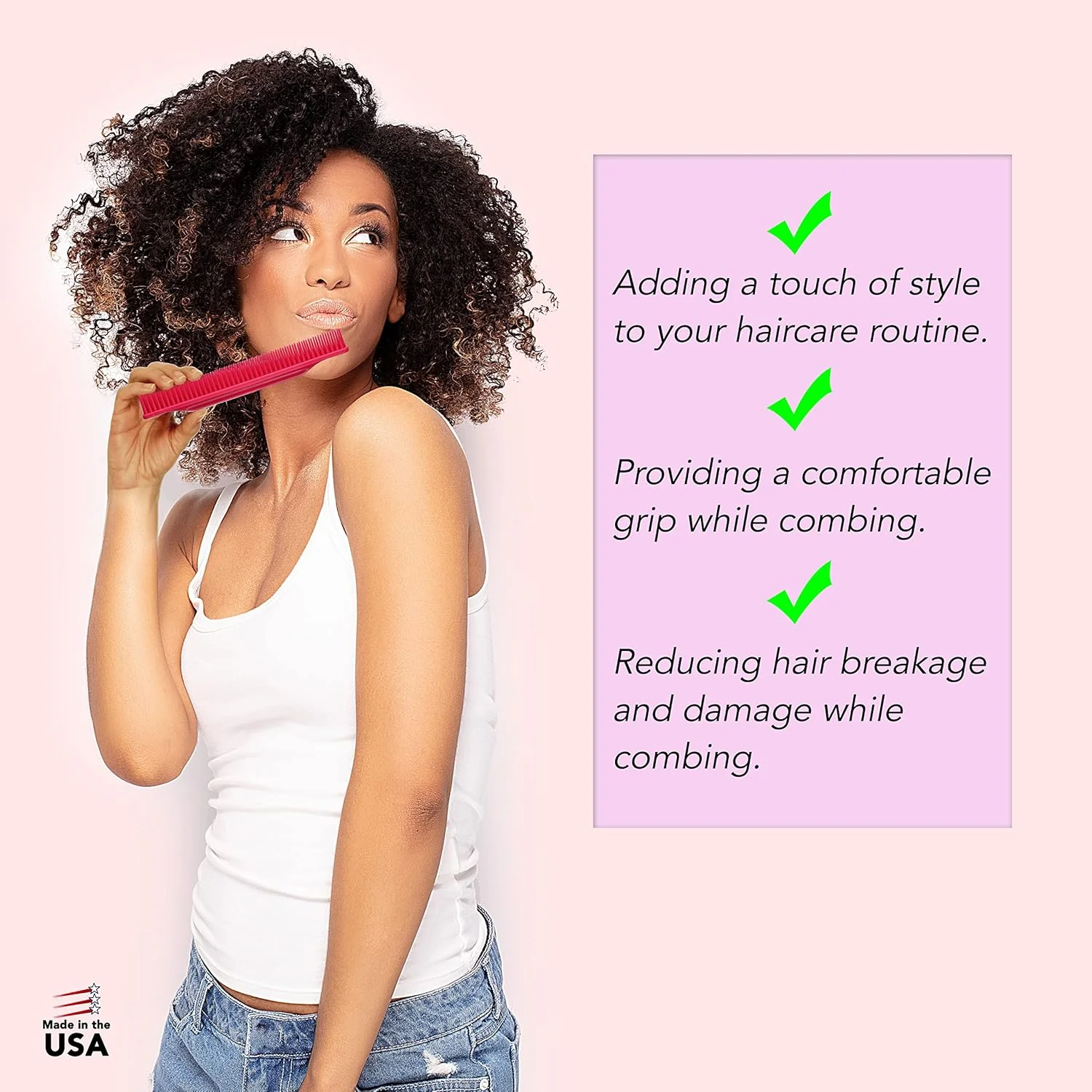 شانه باز کننده گره مو 3 ردیفه Allegro Combs مدل #70، صورتی روشن - ایده آل برای خانم ها و آرایشگران موهای فر، حالت دهنده فر، ساخت آمریکا، 1 عدد