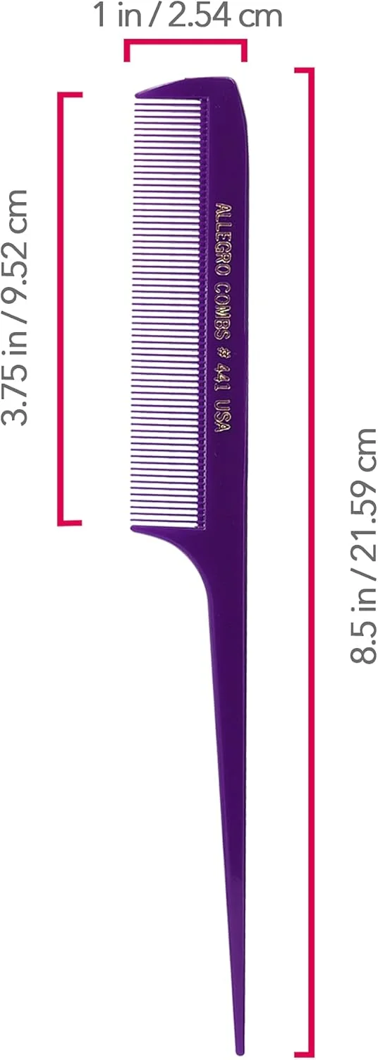 شانه دم موشی آلگرو مدل 441، 8.5 اینچ، مناسب بافت و جدا کردن مو، دندانه ریز، مناسب حالت دادن به مو، ساخت آمریکا، 6 عدد (بنفش)