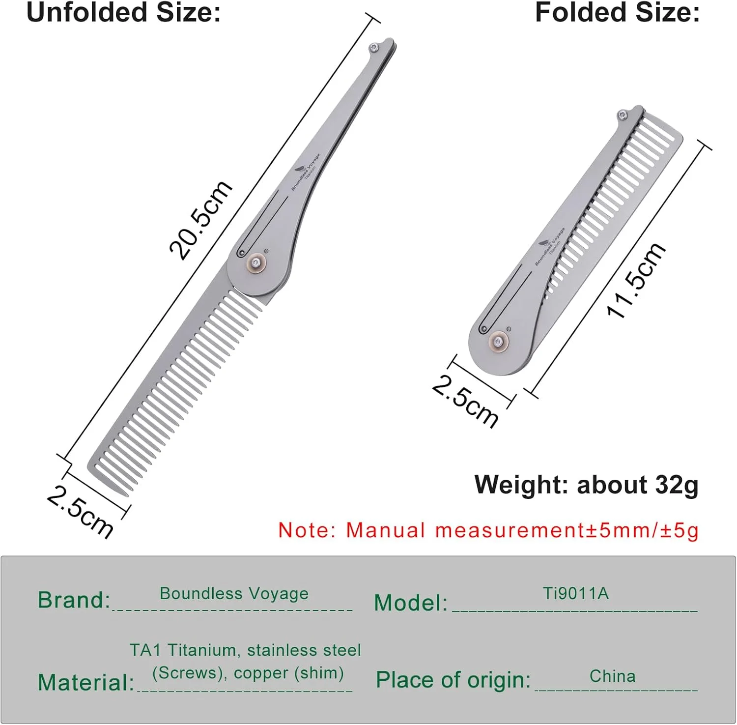 شانه مو و ریش تیتانیومی تاشو Boundless Voyage مدل جیبی مناسب آقایان و بانوان Ti9011A