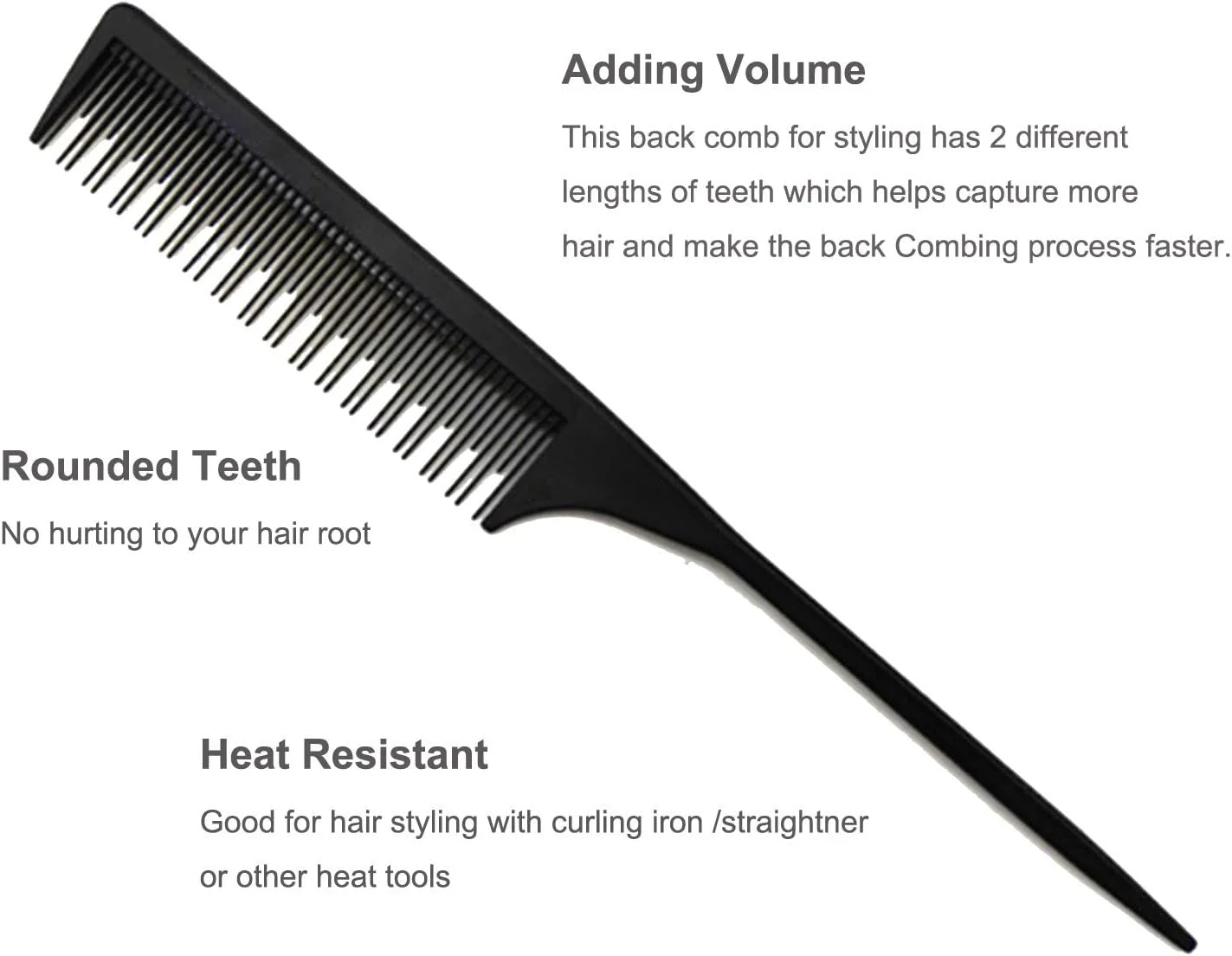 BonJour (Black3) - Professional Teasing Comb, Tail Comb for Root Teasing for Thin, Add Volume Fine and Normal Hair Types, Hair Comb For Women And Men, 22cm