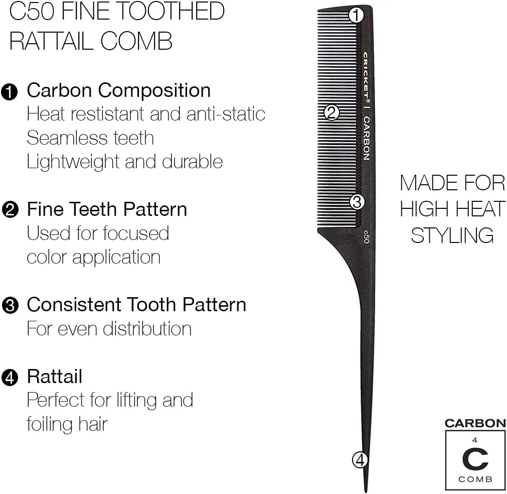 شانه دم باریک دندانه ریز کریکت C50، مناسب برای آرایشگران حرفه ای - مقاوم در برابر حرارت، ضد الکتریسیته ساکن، دندانه های یکپارچه برای پوش دادن، تقسیم کردن، رنگ کردن و حالت دادن به انواع مو