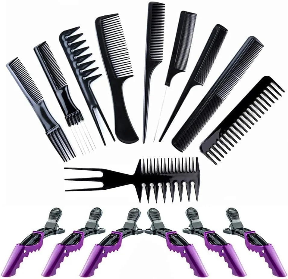 مجموعه شانه‌ مو 16 عددی فرست بیوتی برای زنان و مردان: 10 عدد شانه مو و 6 عدد گیره مو، شانه‌های دم موشی، شانه‌های پوش دهنده، شانه‌های آرایشگری، مجموعه شانه‌های حالت دهنده