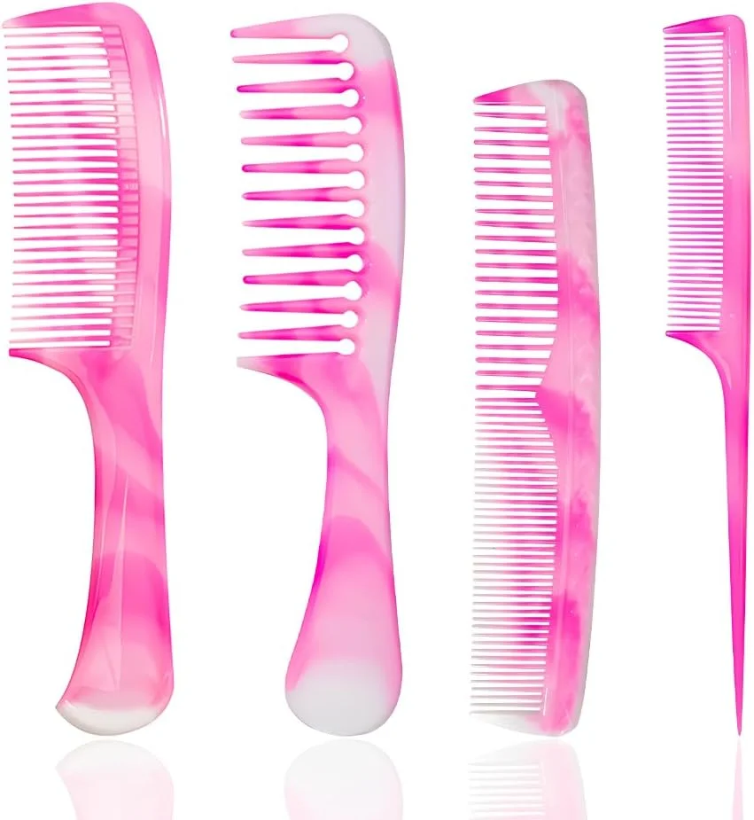 ست چهارتایی شانه مو صورتی FHALLYNN شامل شانه دندانه پهن، شانه دندانه ریز، شانه دم موشی و شانه دو طرفه دندانه ریز و پهن، شانه مو برای آقایان و بانوان (صورتی)