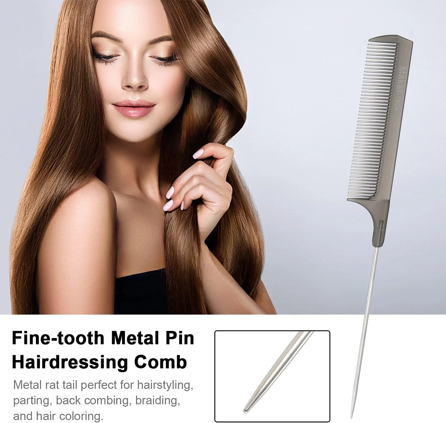 شانه دم موشی مشکی دندانه ریز با پین فلزی برای آرایشگری و حالت دادن به مو به همراه برس باز کننده گره