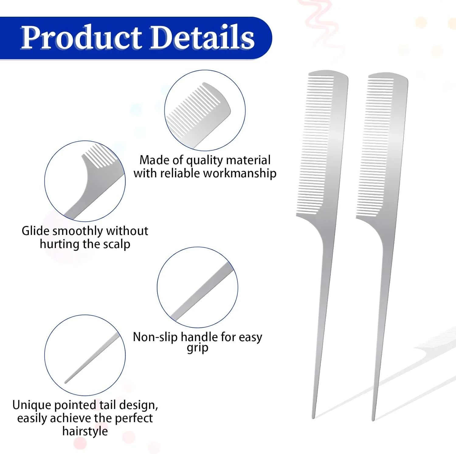 Giantree 2 Pcs Stainless Steel Hair Combs, Metal Rat Tail Comb Anti Static Flat Top Teasing Pintail Combs for Women and Men Hair Styling Cutting Comb(Rat Tail Comb)