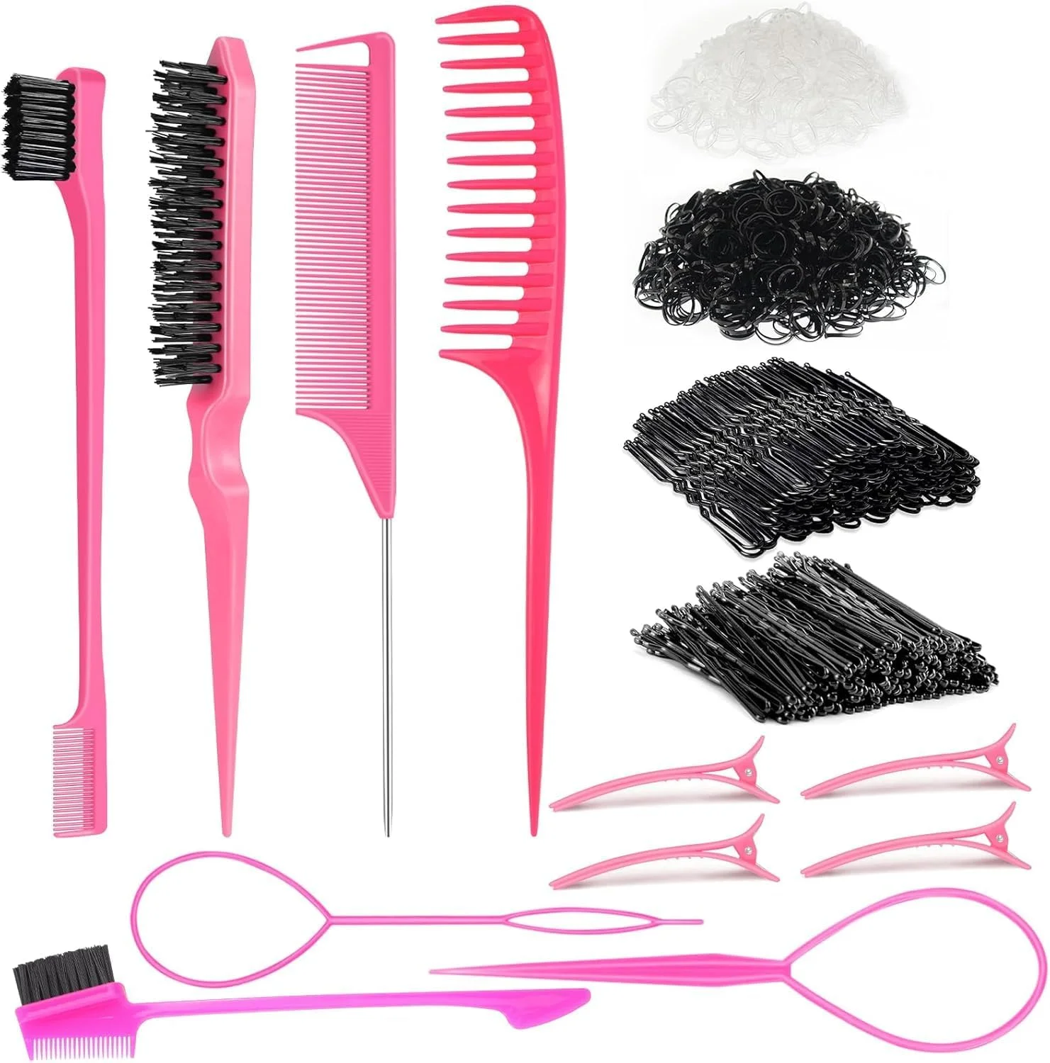 مجموعه شانه حالت دهنده مو HEYMKGO، 5 تکه شامل برس موی صاف کننده، شانه دم موشی، برس لبه مو، شانه دندانه پهن، 2 عدد ابزار موی تاپسی، 4 عدد گیره مو برای حالت دادن، سنجاق سر، کش موی الاستیک مشکی و شفاف