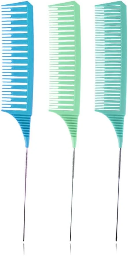 ست شانه رنگ مو حرفه ای 3 تکه HESSION، شانه های هایلایت برای آرایشگر، ست برس بافت مو با شانه های دم موشی استیل بلند (آبی و سبز)…