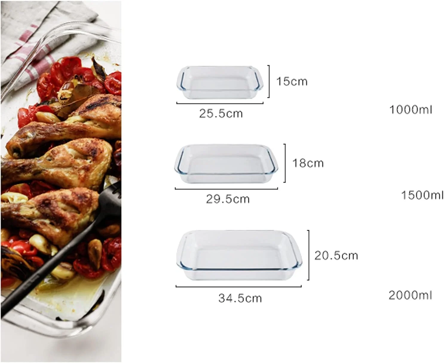 ظرف پخت شیشه ای، ظرف پخت مستطیلی 1 لیتر/1.5 لیتر/2 لیتر، تابه های پخت برای لازانیا، باقیمانده غذا، پخت و پز، آشپزخانه، قابل استفاده از فریزر به فر، ظرف پخت شفاف (اندازه: 2 لیتر)