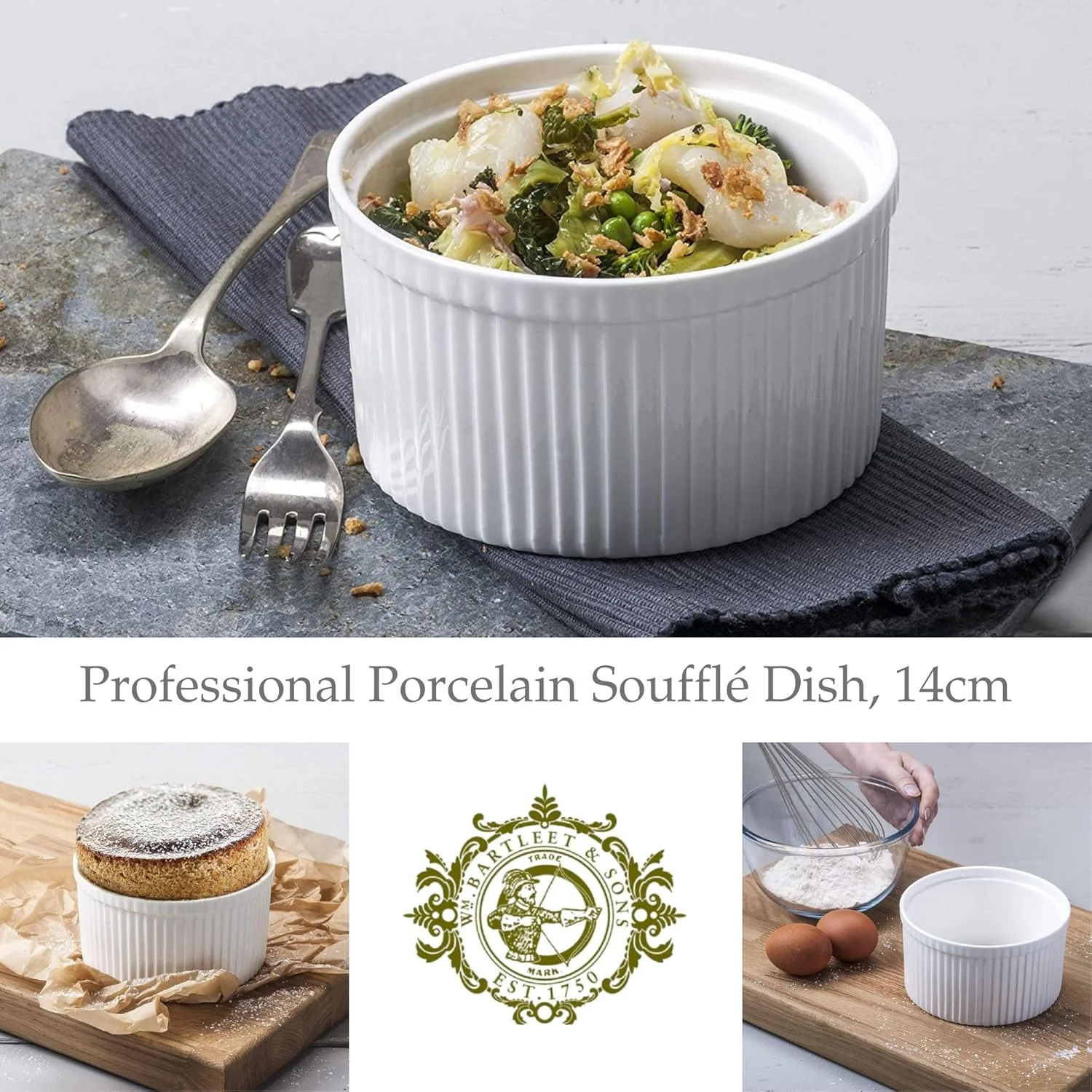 ظرف سوفله خوری حرفه ای سنتی фарфоровый دبلیو ام بارتلت اند سانز 1750 مدل T160، قطر 14 سانتی متر، ظرفیت 750 میلی لیتر - سفید