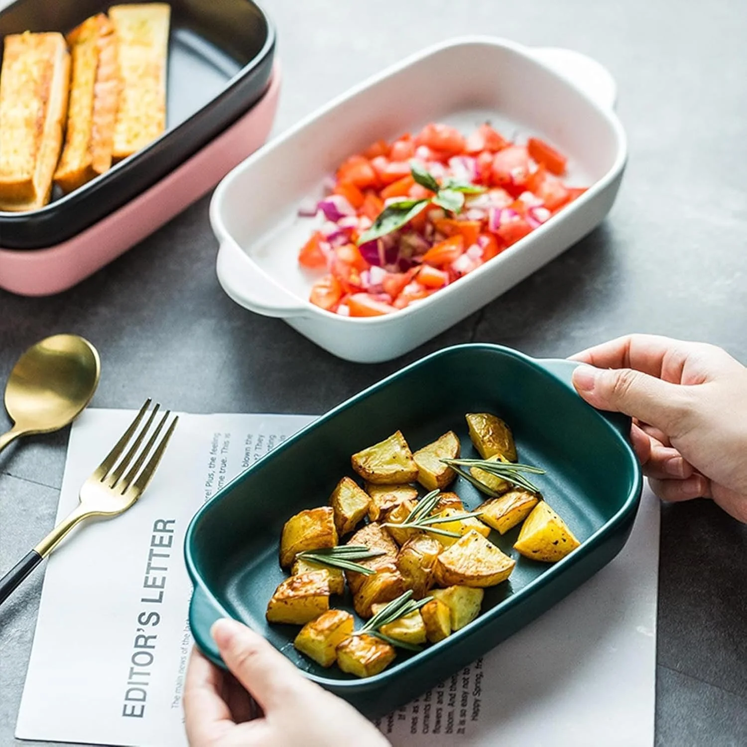 ظرف پخت سرامیکی 9 اینچی، ظرف پخت مستطیلی با دسته‌های دوتایی برای پخت و پز، ظرف پخت چند منظوره قابل استفاده از فر تا سفره [رتبه بهره وری انرژی کلاس A]),B