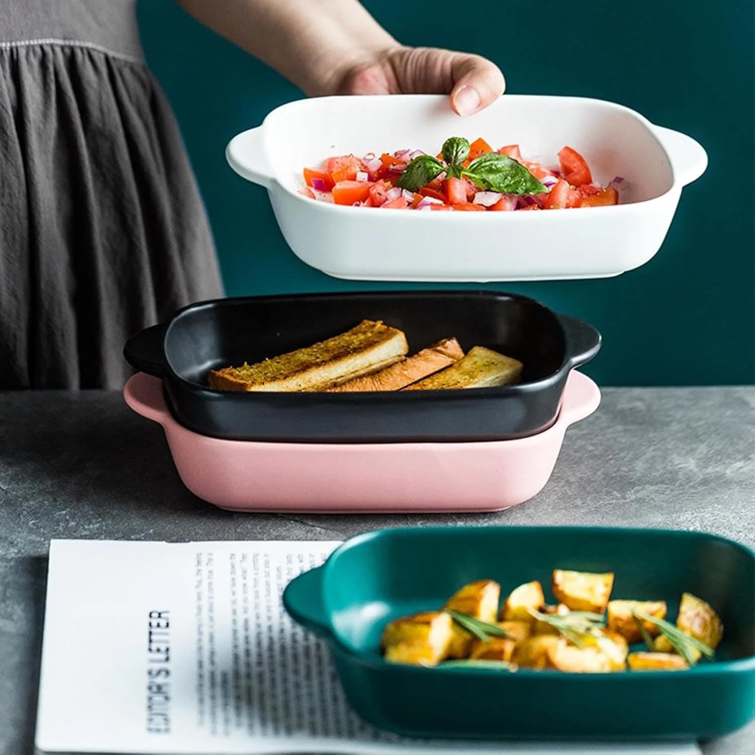 ظرف پخت سرامیکی 9 اینچی، ظرف پخت مستطیلی با دسته‌های دوتایی برای پخت و پز، ظرف پخت چند منظوره قابل استفاده از فر تا سفره [رتبه بهره وری انرژی کلاس A]),B