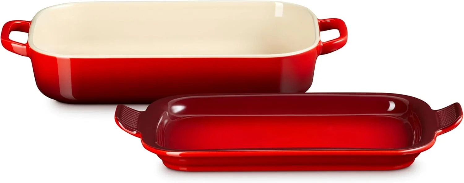 ظرف مستطیلی سرامیکی لو کروسه با درب سینی، 2.8 لیتر، گیلاسی ظرف مستطیلی سرامیکی لو کروسه با درب سینی، 2.8 لیتر، گیلاسی