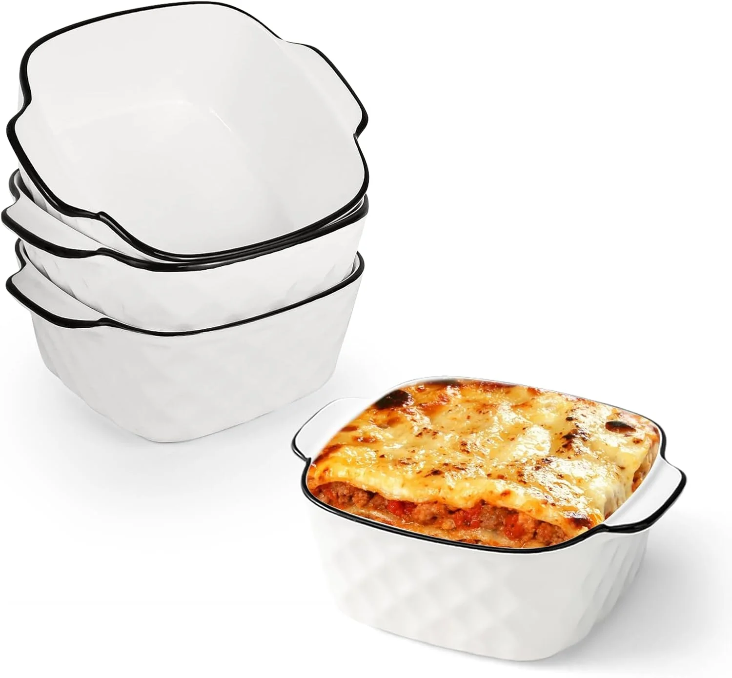 ظروف پخت مربع سرامیکی با دسته: ظرف لازانیا 4 عددی برای سرخ کن هواپز 400 میلی لیتری، سینی فر مناسب برای پای، سالاد، لازانیا، پاستا و پخت و پز سایر غذاها (وزن 370 گرم)