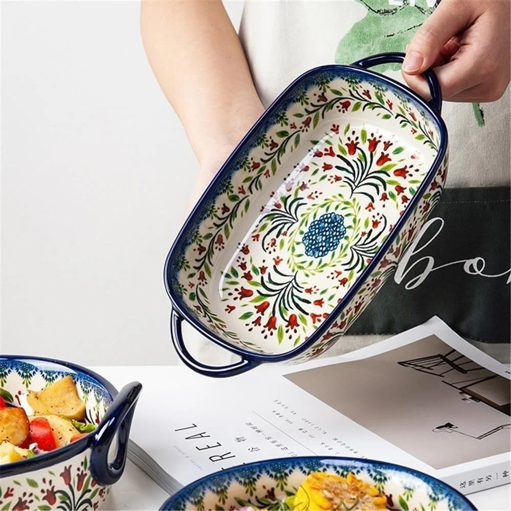 ظرف پخت و پز آشپزخانه با دسته، ظرف سرامیکی خانگی با طراحی عتیقه، بشقاب سالاد، چند منظوره، ظرف پخت بزرگ ظرف پخت و پز آشپزخانه با دسته، ظرف سرامیکی خانگی با طراحی عتیقه، بشقاب سالاد، چند منظوره، ظرف پخت بزرگ