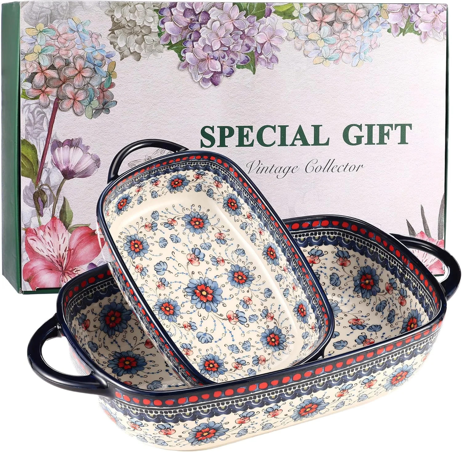 ست ظروف پخت سرامیکی موقیدادیی 2 تکه - ظروف پخت طرح لهستانی نقاشی شده با دست برای سوفله و هدیه (فهرست اصلی - 5 طرح) (توری آبی)