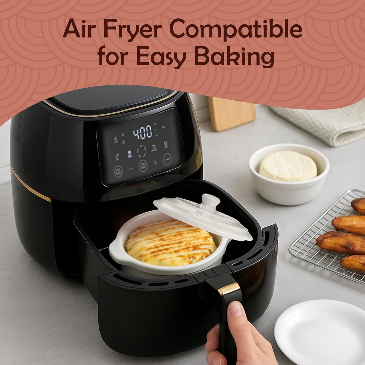 ظرف پخت پنیر بری مولدال با درب و کاردک - ظرف کممبر سفید - ظرف سرامیکی پخت پنیر بری - ظرف پخت پنیر - 5.5 اینچ - همراه با کاردک و جعبه