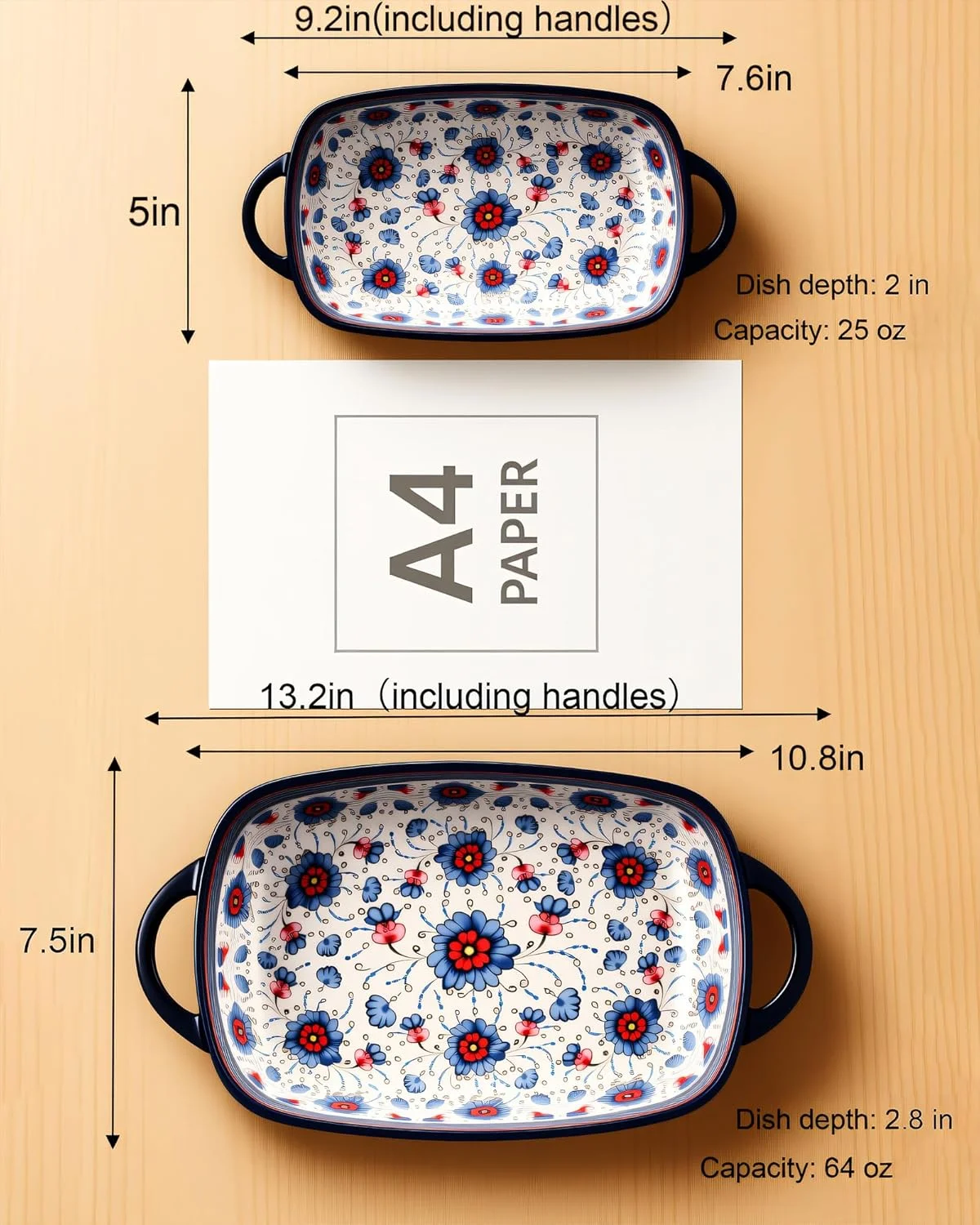 ست ظروف پخت سرامیکی موقیدادیی 2 تکه - ظروف پخت طرح لهستانی نقاشی شده با دست برای سوفله و هدیه (فهرست اصلی - 5 طرح) (توری آبی)