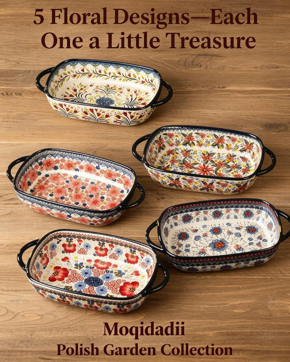 ست ظروف پخت سرامیکی موقیدادیی 2 تکه - ظروف پخت طرح لهستانی نقاشی شده با دست برای سوفله و هدیه (فهرست اصلی - 5 طرح) (توری آبی)