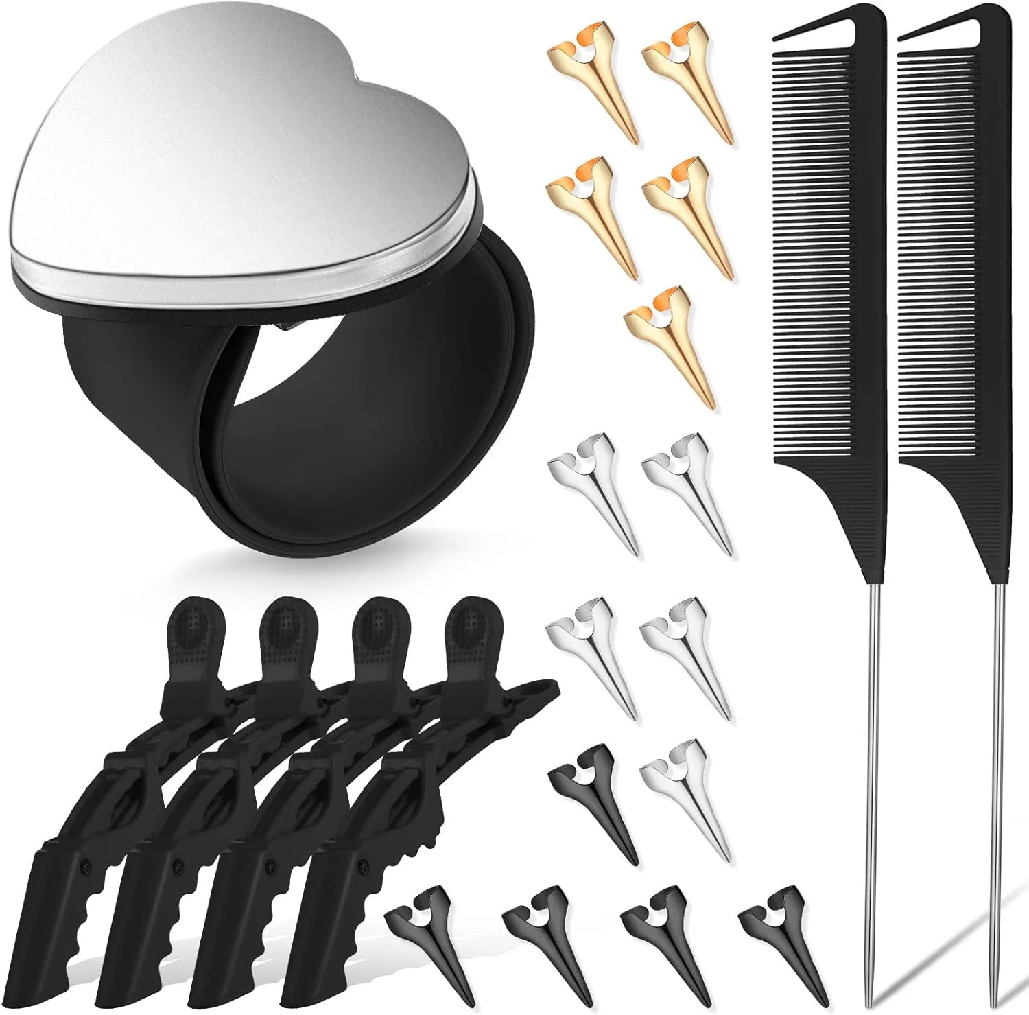 ست 22 تکه مچ بند مغناطیسی خیاطی، ابزار بافت مو، شانه دم موشی استیل، گیره موی دندانه پهن و حلقه جدا کننده مو (مشکی)