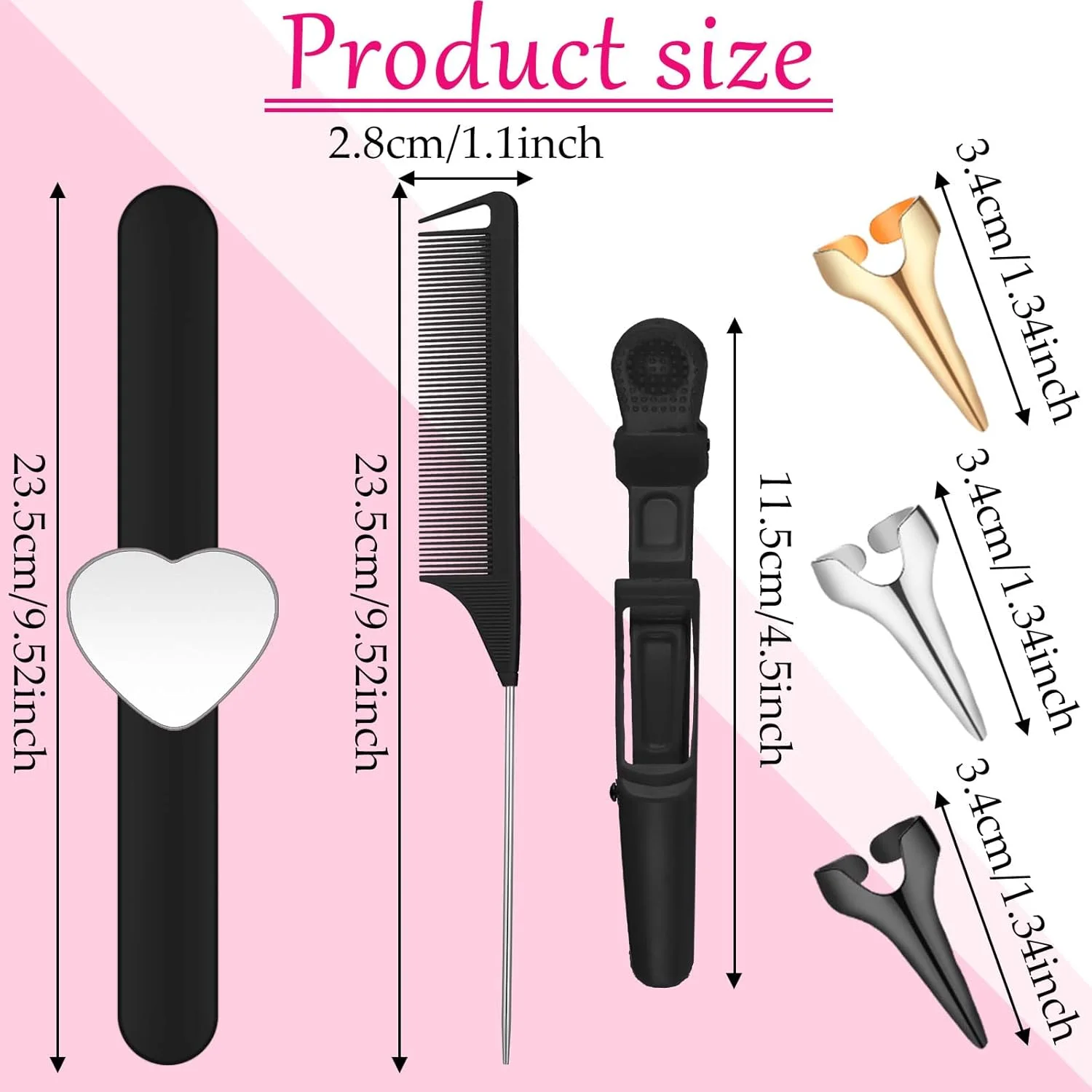 ست 22 تکه مچ بند مغناطیسی خیاطی، ابزار بافت مو، شانه دم موشی استیل، گیره موی دندانه پهن و حلقه جدا کننده مو (مشکی)