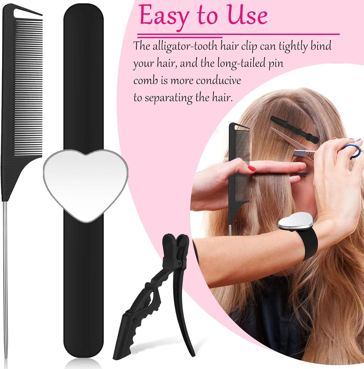 ست 22 تکه مچ بند مغناطیسی خیاطی، ابزار بافت مو، شانه دم موشی استیل، گیره موی دندانه پهن و حلقه جدا کننده مو (مشکی)