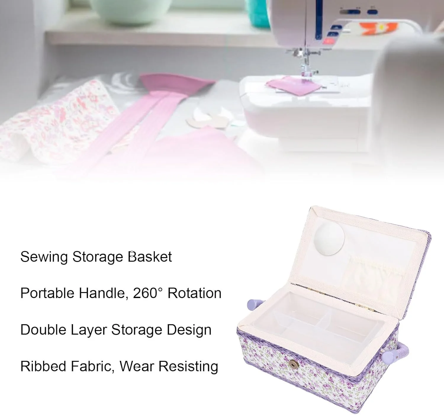 سبد لوازم خیاطی gernie، سازمان دهنده قابل حمل لوازم خیاطی با دسته گردان، نگهدارنده کیت خیاطی پارچه ای دو لایه برای نخ، قیچی، دکمه، سوزن، قرقره - طرح گلدار