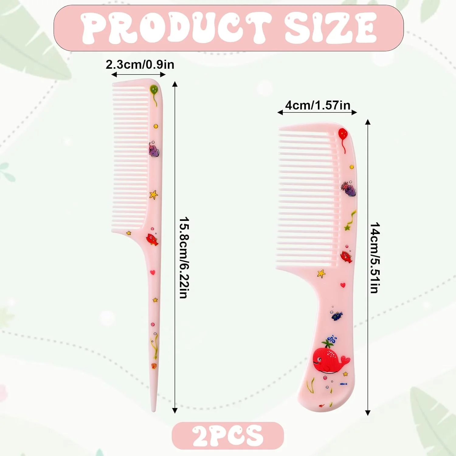 ست شانه مو فانتزی، 2 عدد شانه کوچک برای موهای زنان، شانه دم موشی دندانه ریز، شانه باز کننده گره مو قابل حمل برای زنان و دختران، مناسب موهای بلند، کوتاه، خیس، خشک، فر و صاف (نهنگ صورتی)