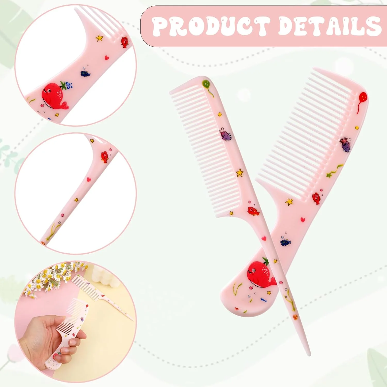 ست شانه مو فانتزی، 2 عدد شانه کوچک برای موهای زنان، شانه دم موشی دندانه ریز، شانه باز کننده گره مو قابل حمل برای زنان و دختران، مناسب موهای بلند، کوتاه، خیس، خشک، فر و صاف (نهنگ صورتی)