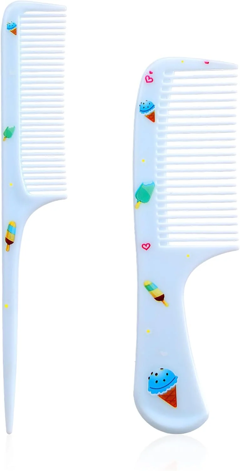 ست شانه مو فانتزی، 2 عدد شانه بستنی آبی برای زنان، شانه های دندانه ریز پلاستیکی، شانه دم موشی قابل حمل برای باز کردن گره مو برای زنان و دختران، مناسب موهای بلند، کوتاه، خیس، خشک، فر و صاف