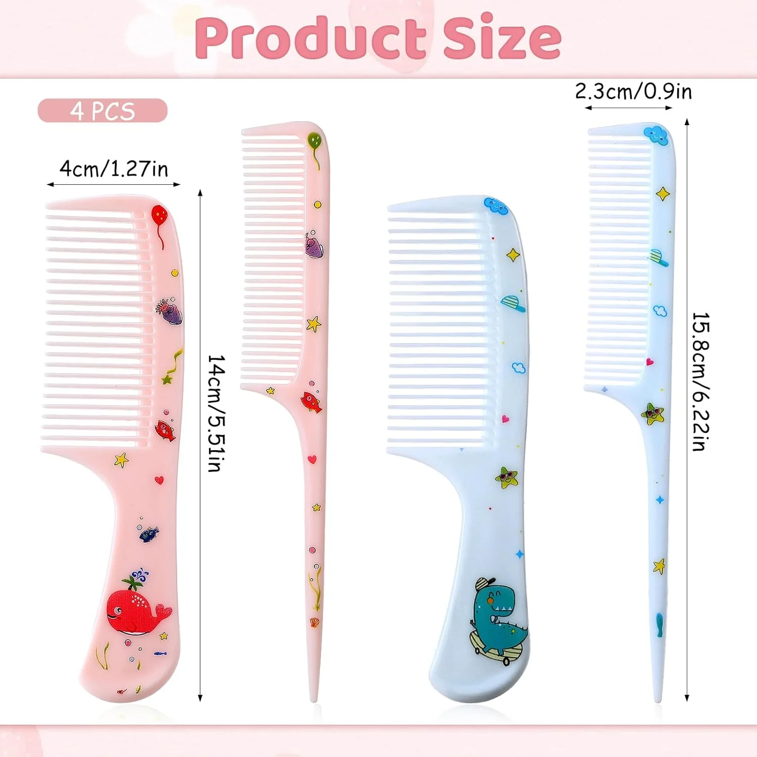 ست شانه مو فانتزی، 4 عدد برس موی کودک شانه پلاستیکی دندانه ریز دم موشی شانه باز کننده گره مو برای زنان دختران انواع مو موهای بلند کوتاه خیس خشک فر صاف (آبی، صورتی)