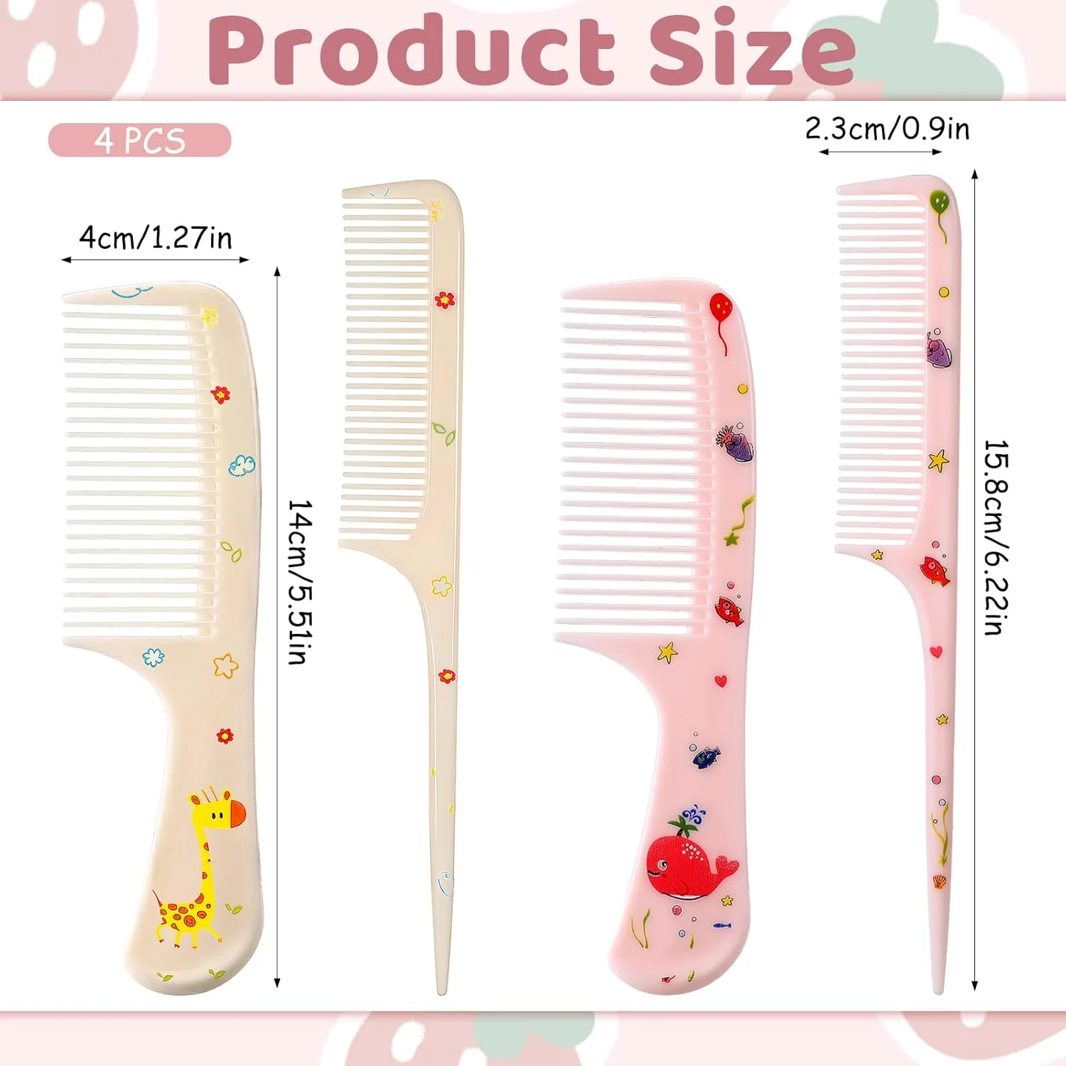 ست شانه مو فانتزی، 4 عدد برس موی کودک شانه پلاستیکی دندانه ریز دم موشی شانه باز کننده گره مو برای زنان دختران انواع مو موهای بلند کوتاه خیس خشک فر صاف (زرد، صورتی)
