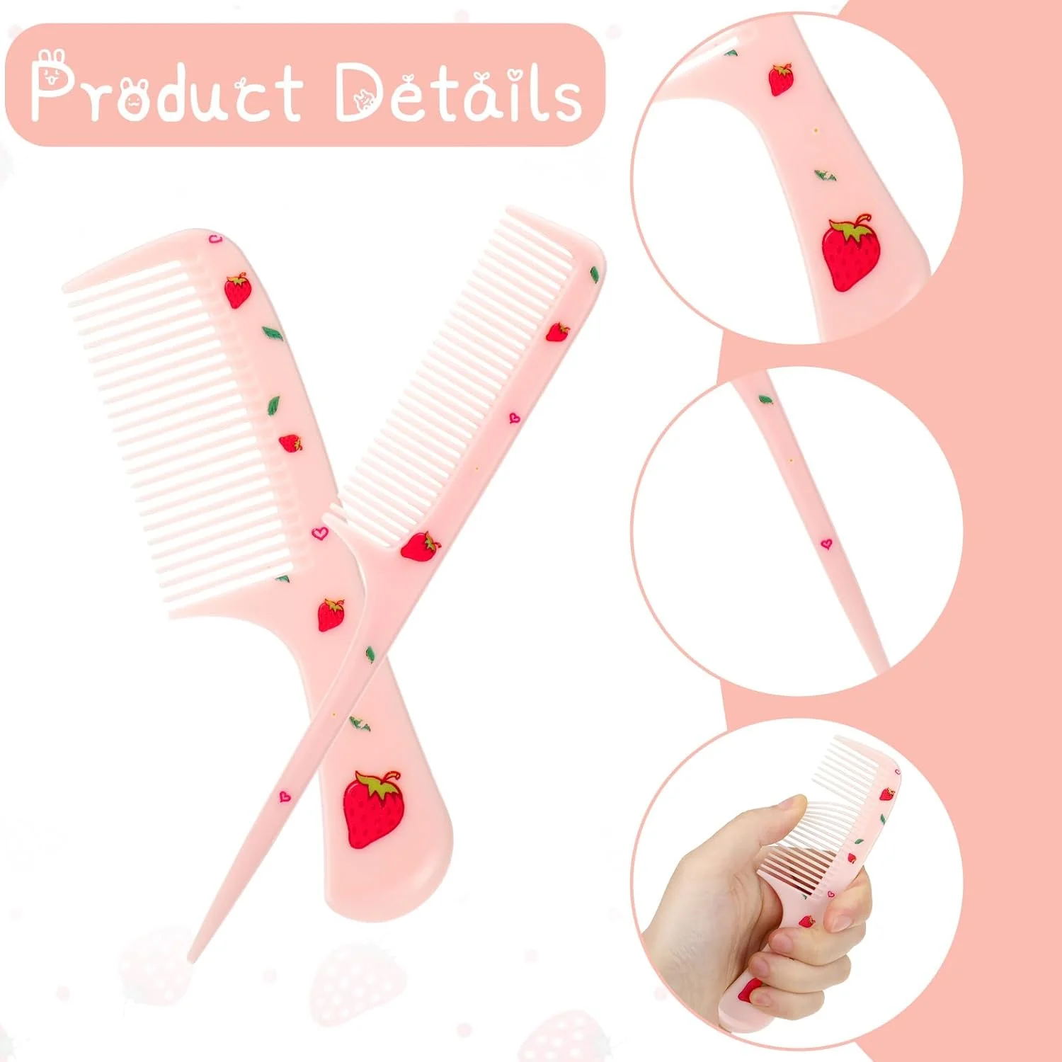 ست شانه مو فانتزی، 2 عدد شانه توت فرنگی صورتی برای کودکان، شانه دندانه ریز، شانه دم موشی برای زنان، شانه باز کننده گره مو برای انواع مو، موهای بلند کوتاه خیس خشک مجعد و صاف
