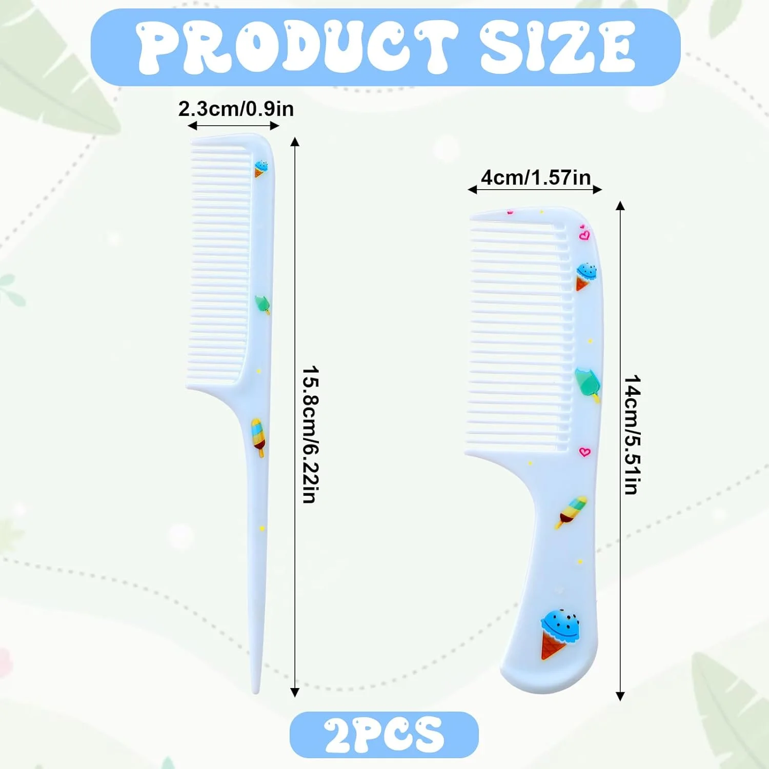 ست شانه مو فانتزی، 2 عدد شانه بستنی آبی برای زنان، شانه های دندانه ریز پلاستیکی، شانه دم موشی قابل حمل برای باز کردن گره مو برای زنان و دختران، مناسب موهای بلند، کوتاه، خیس، خشک، فر و صاف