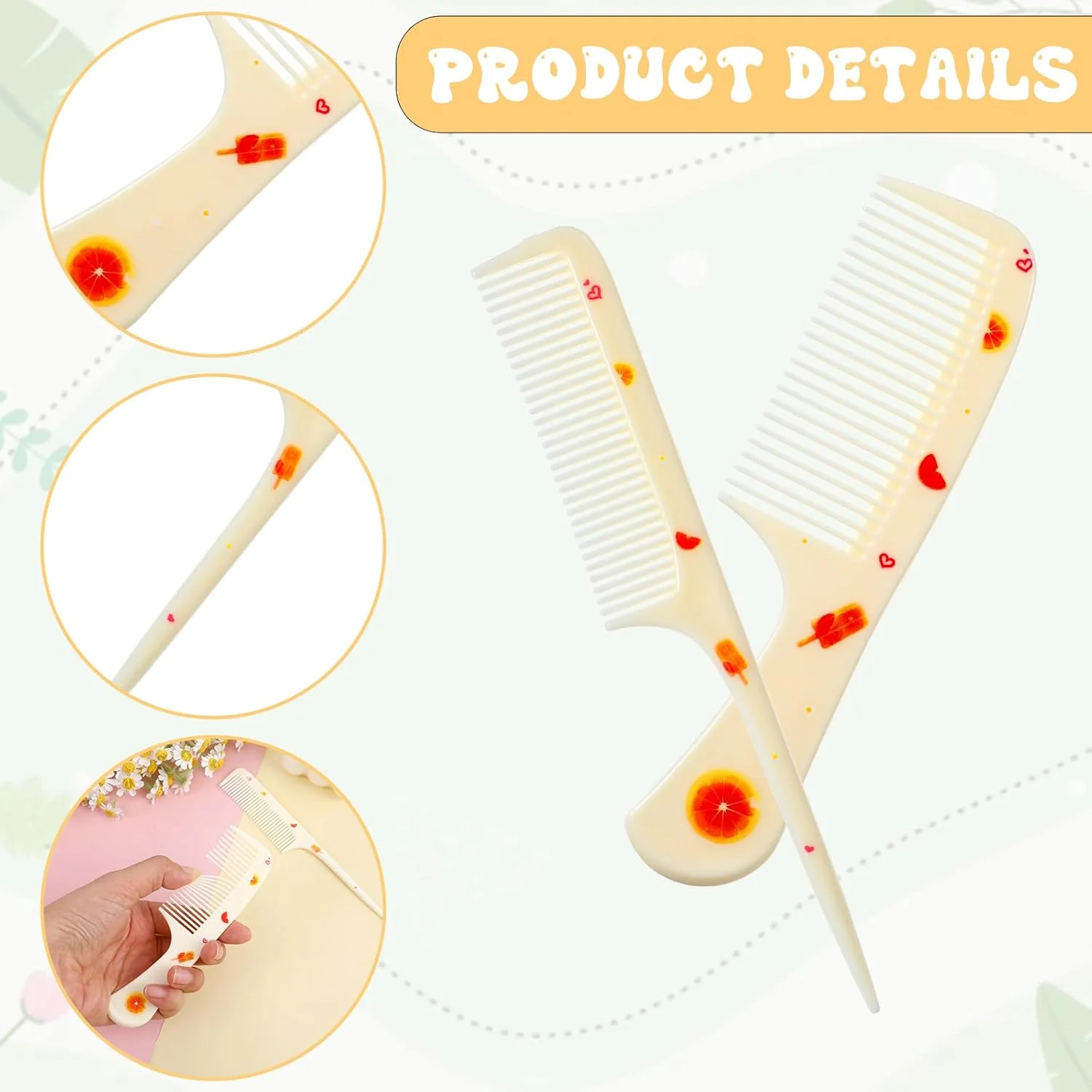 ست شانه مو فانتزی، 2 عدد شانه مینی برای زنان، شانه های دندانه ریز دم موشی، شانه باز کننده گره مو قابل حمل برای زنان و دختران، مناسب موهای بلند، کوتاه، خیس، خشک، فر و صاف (زرد نارنجی)